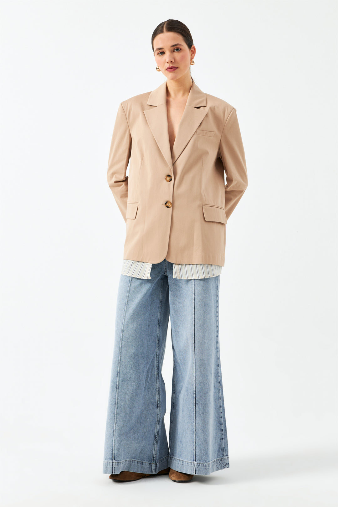 Düğmeli Blazer Ceket - Bej