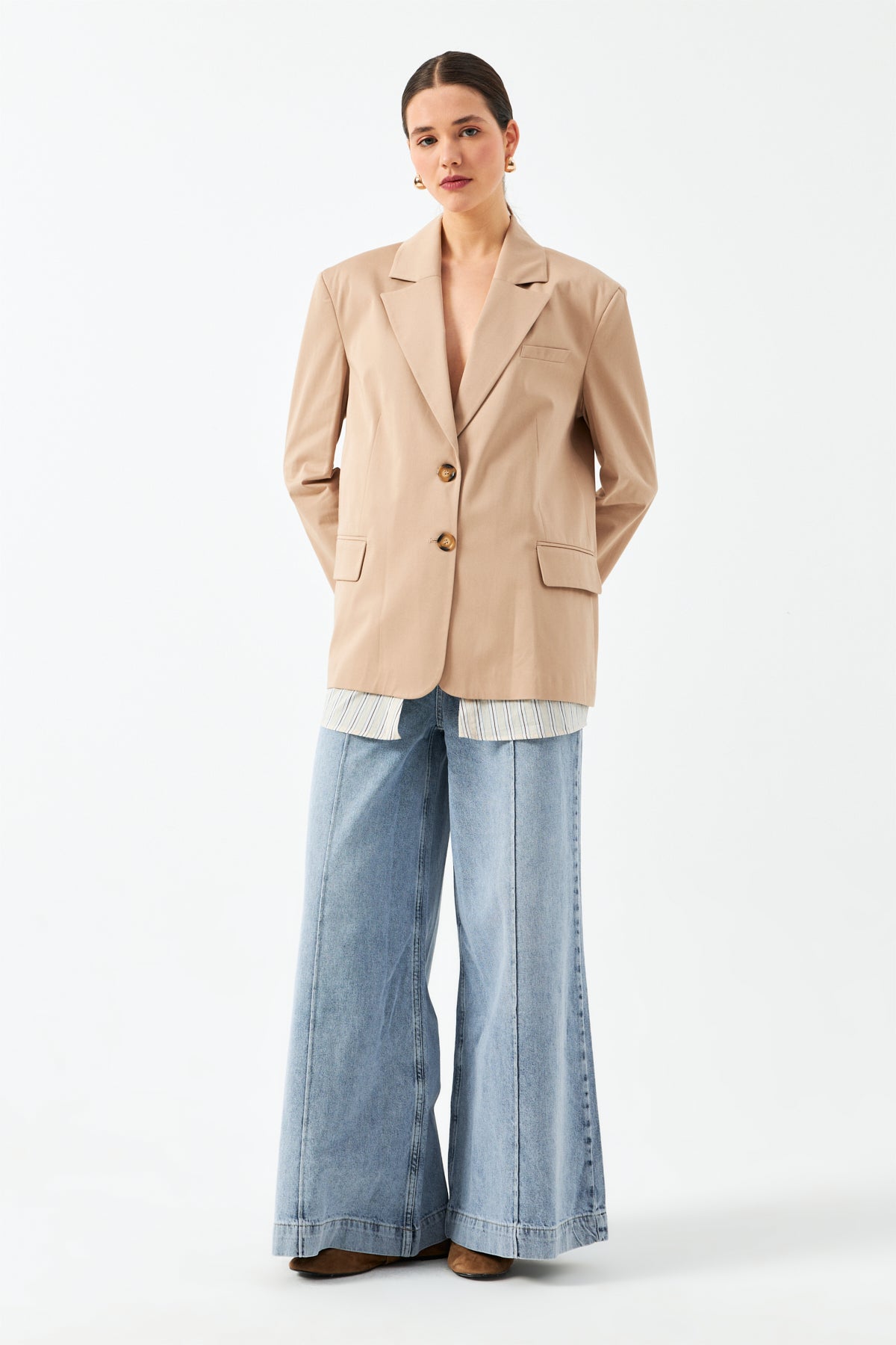 Düğmeli Blazer Ceket - Bej