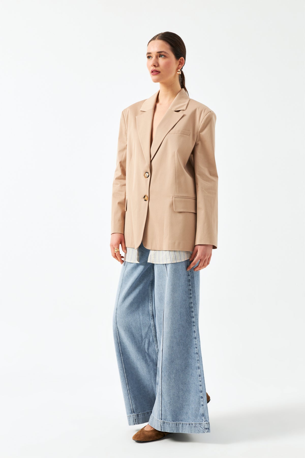 Düğmeli Blazer Ceket - Bej