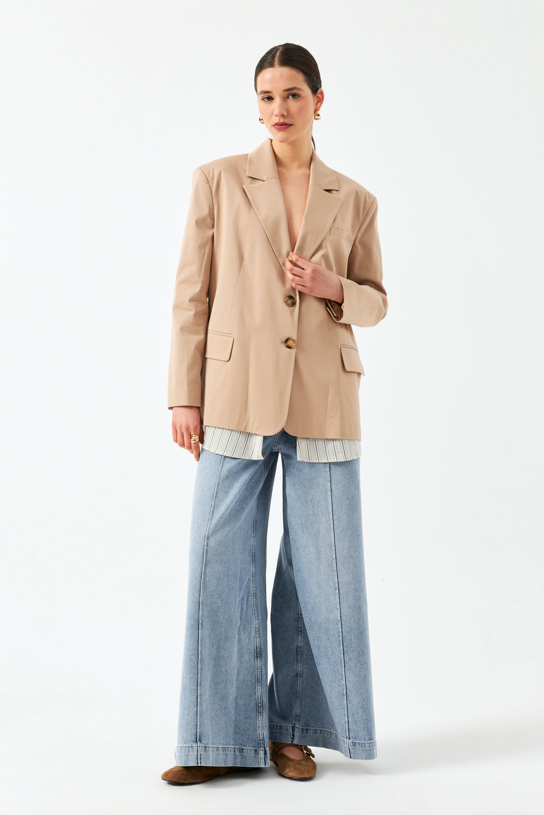 Düğmeli Blazer Ceket - Bej