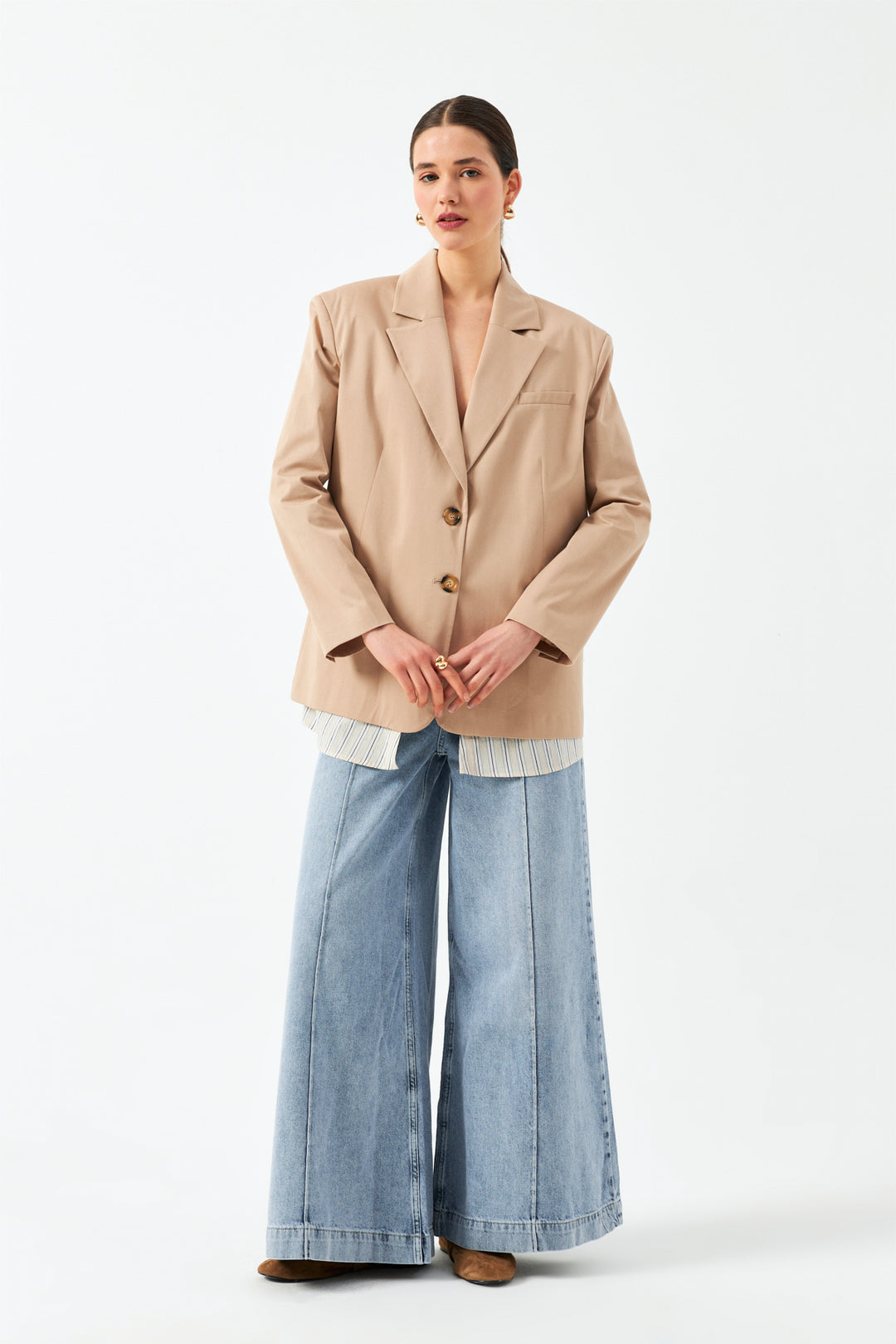 Düğmeli Blazer Ceket - Bej