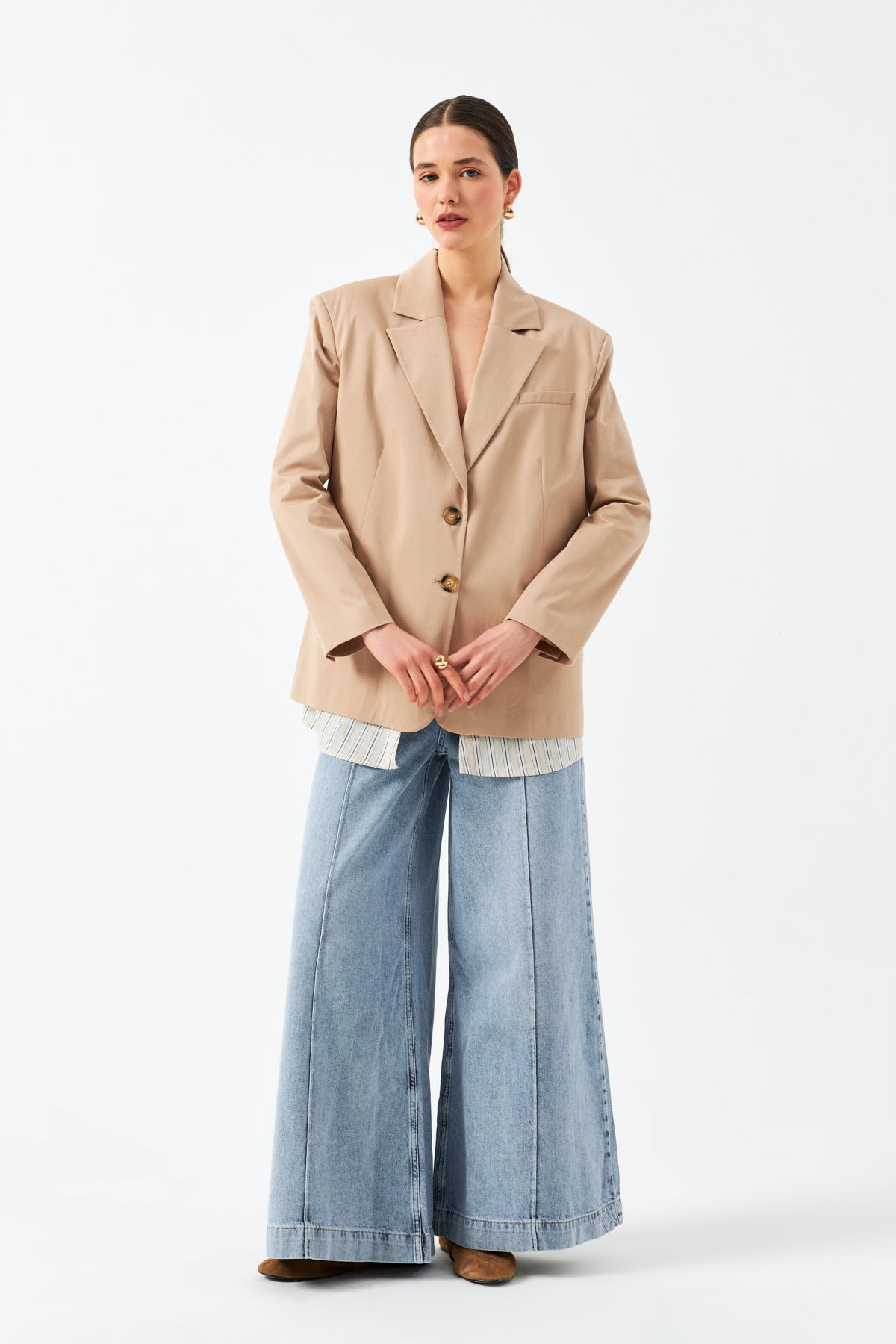 Düğmeli Blazer Ceket - Bej