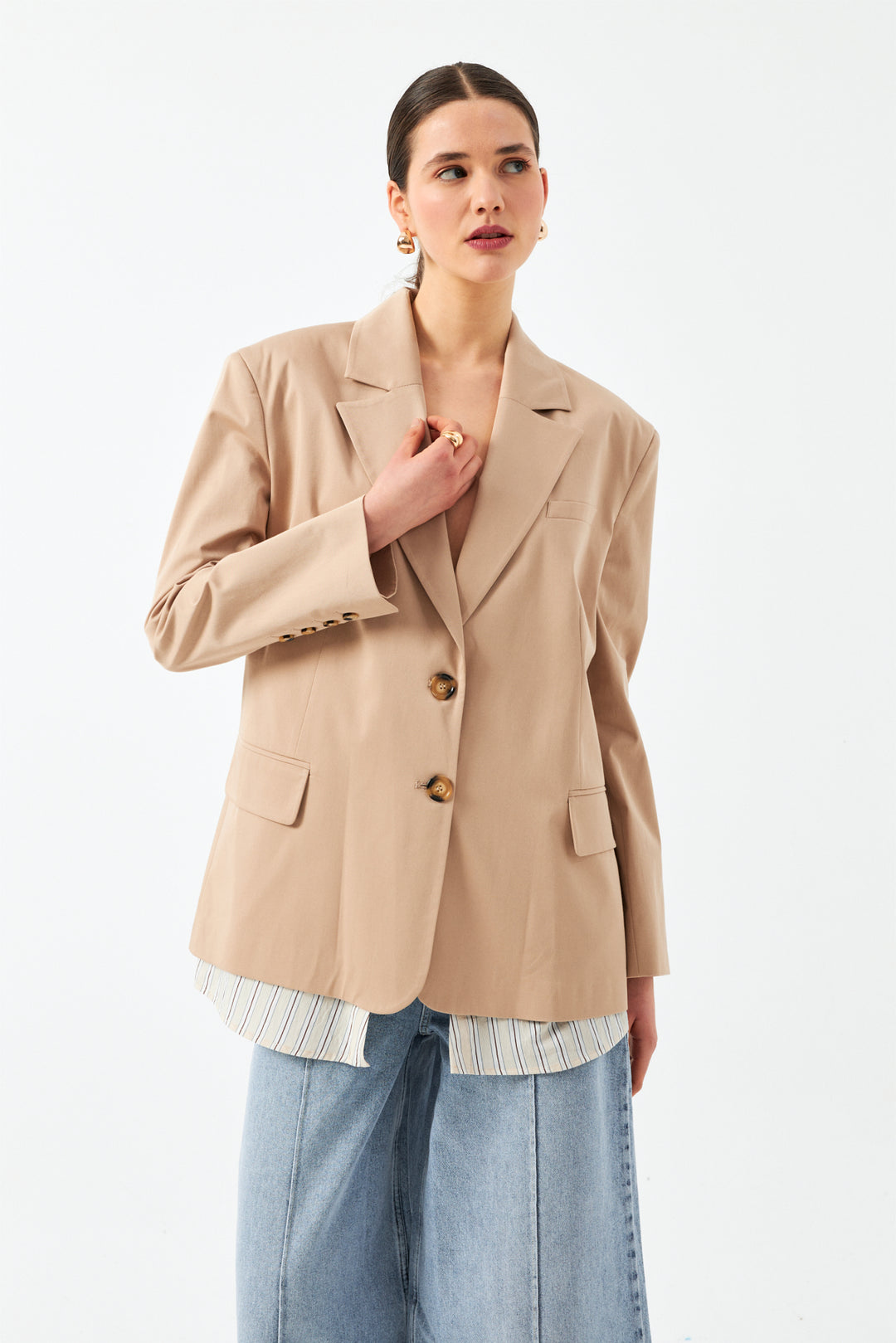 Düğmeli Blazer Ceket - Bej