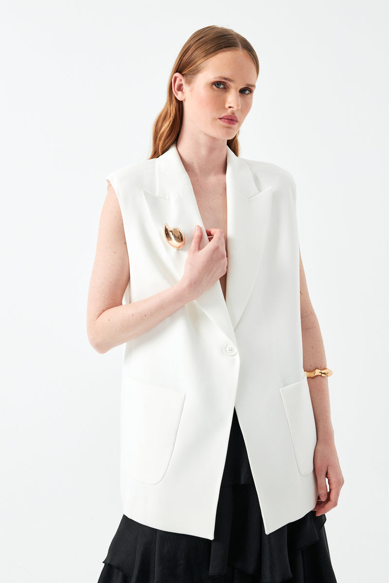 Kolsuz Ekru Blazer Yelek