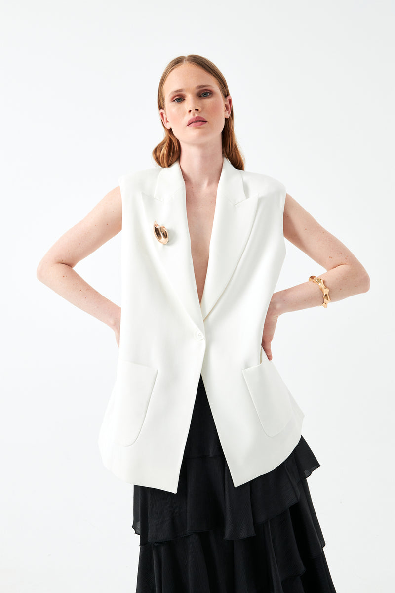 Kolsuz Ekru Blazer Yelek