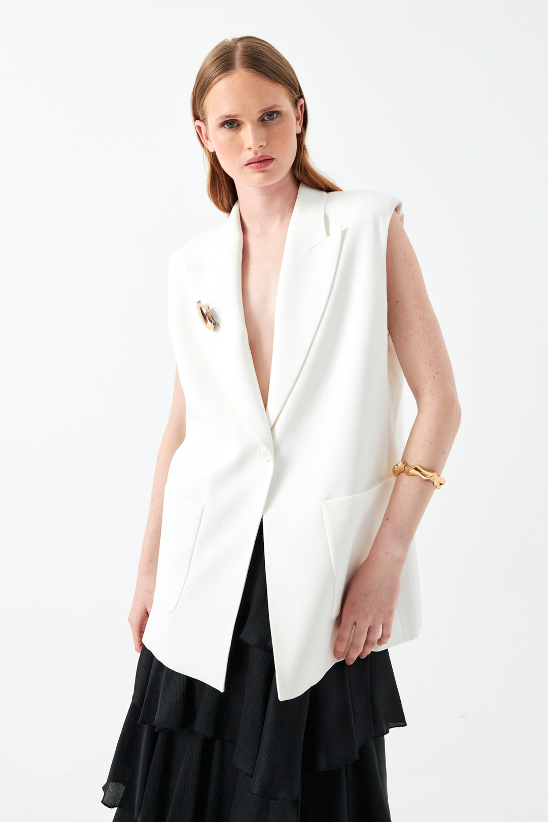 Kolsuz Ekru Blazer Yelek