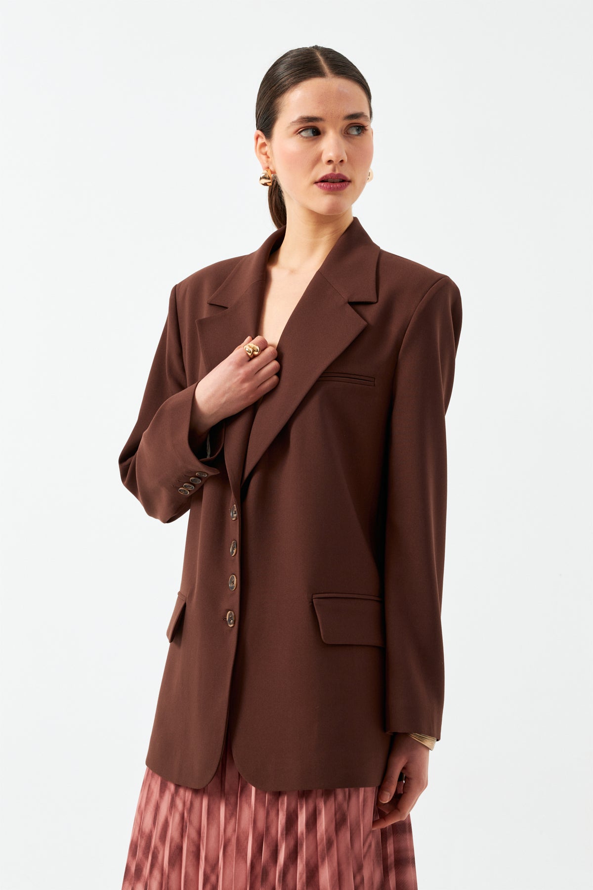 Düğmeli Uzun Blazer  Ceket - Kahverengi