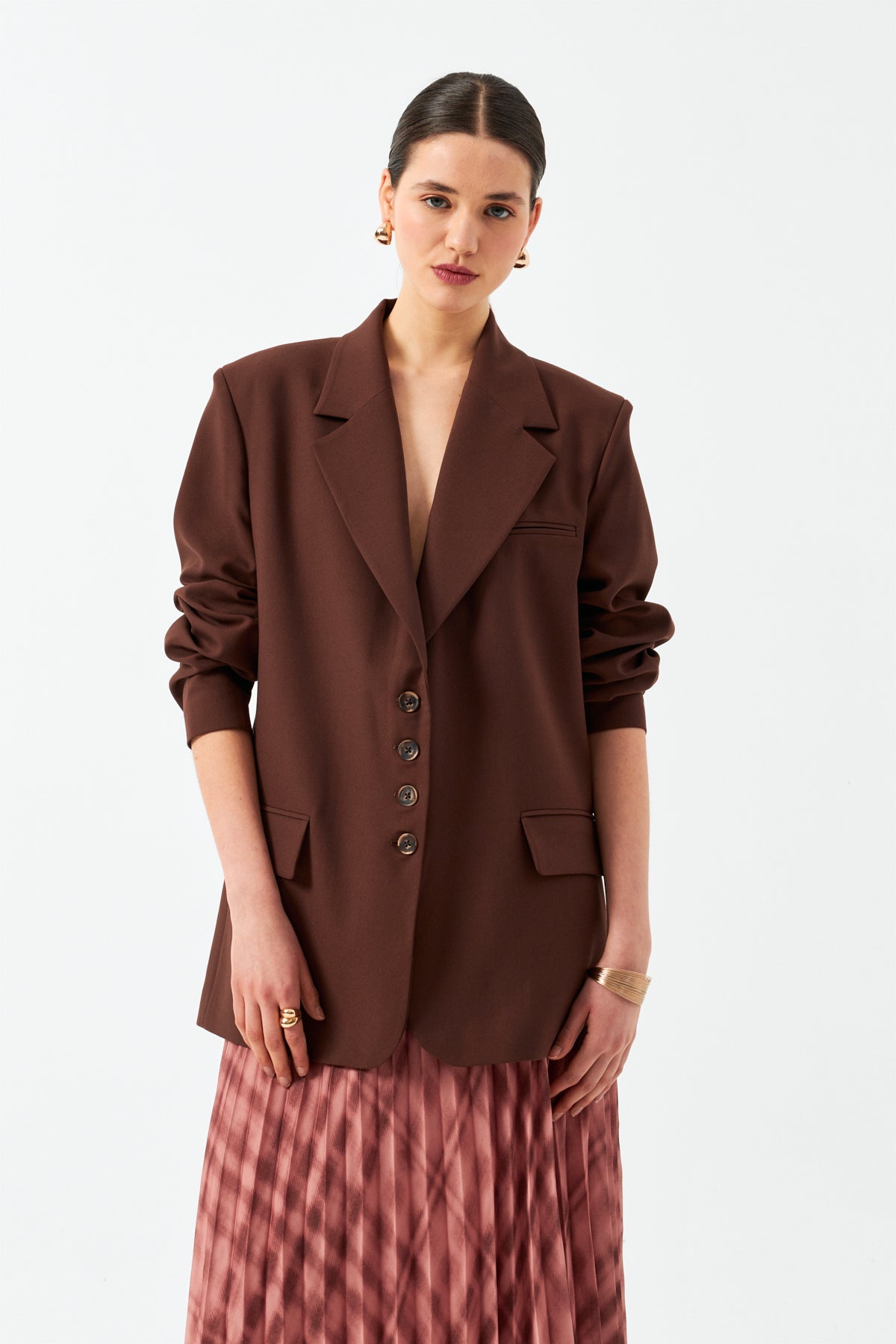 Düğmeli Uzun Blazer  Ceket - Kahverengi