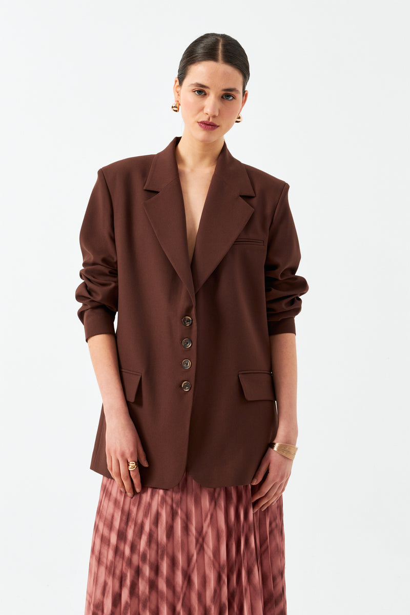 Düğmeli Uzun Blazer  Ceket - Kahverengi