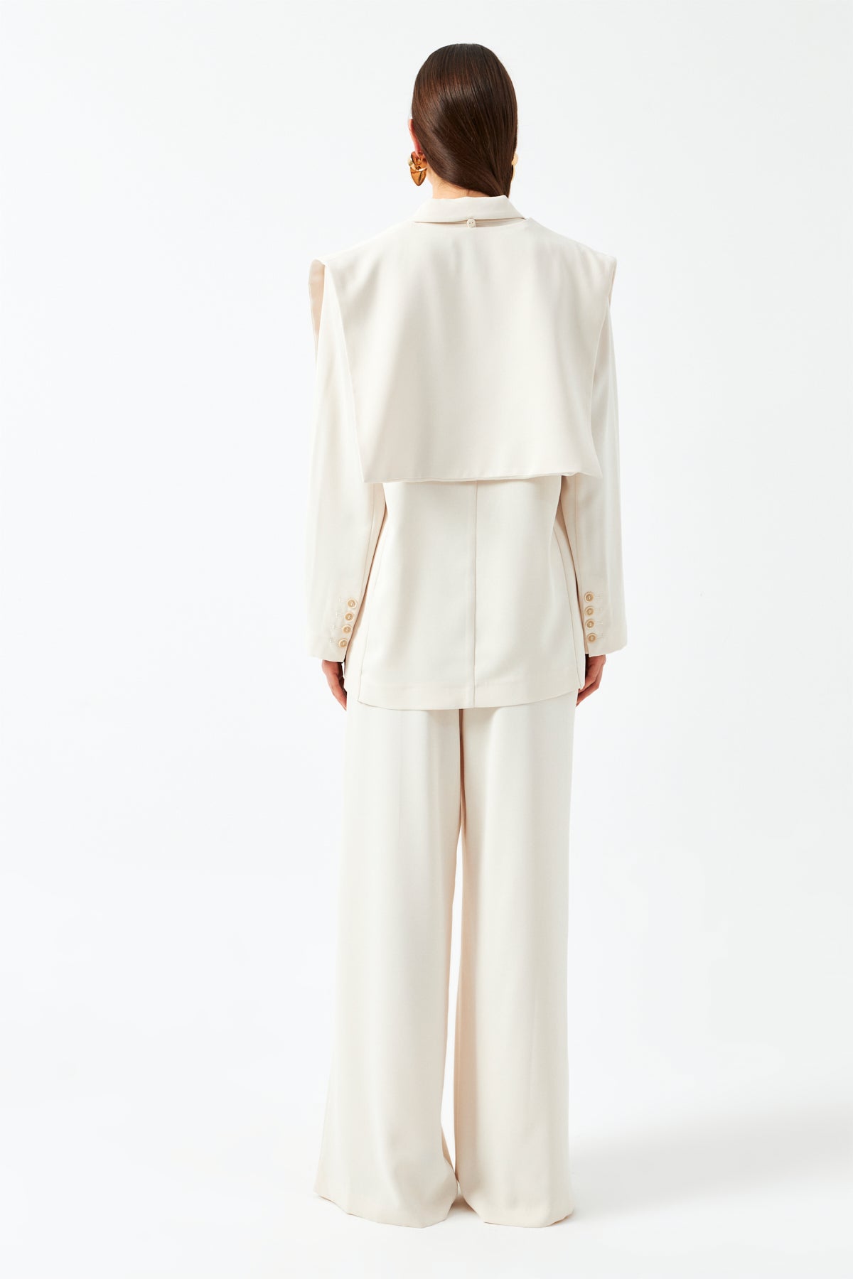 Düğmeli Cep Detaylı Pantolonlu Takım - Vanilya