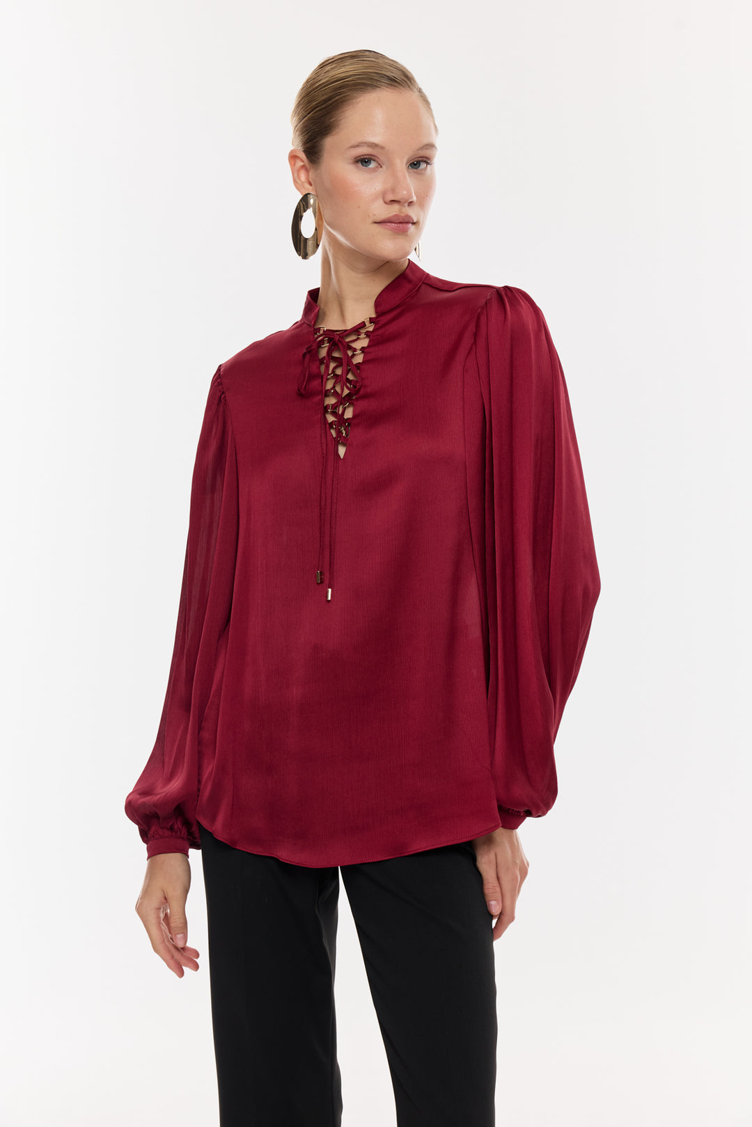 Bağlama Detaylı Saten Dokulu Bluz BORDO