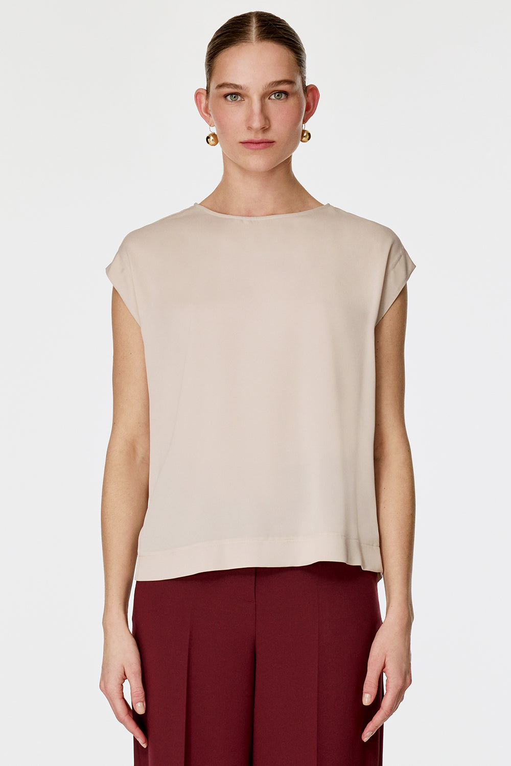 Dökümlü Kumaş Kısa Kollu Bluz Bej
