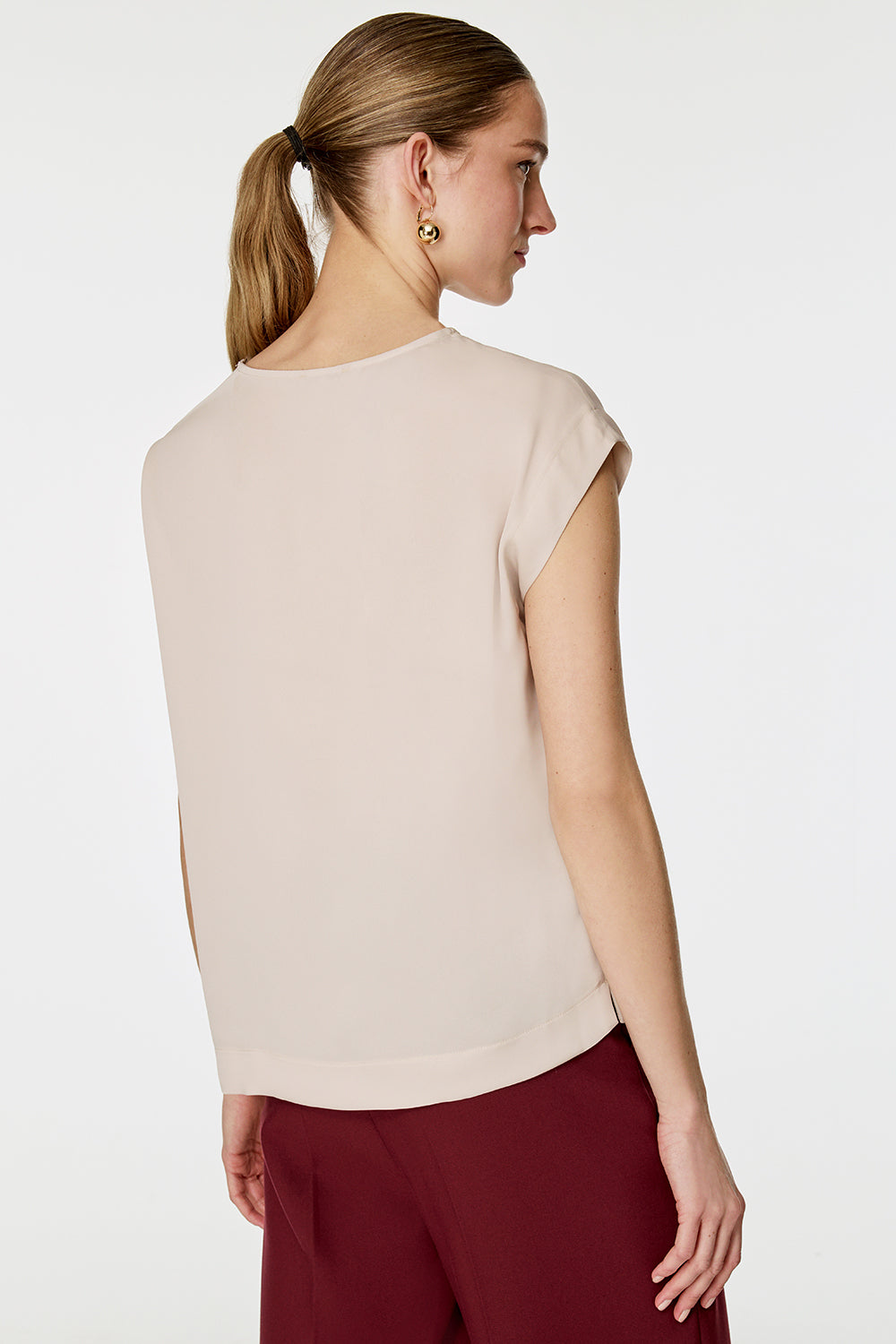 Dökümlü Kumaş Kısa Kollu Bluz Bej