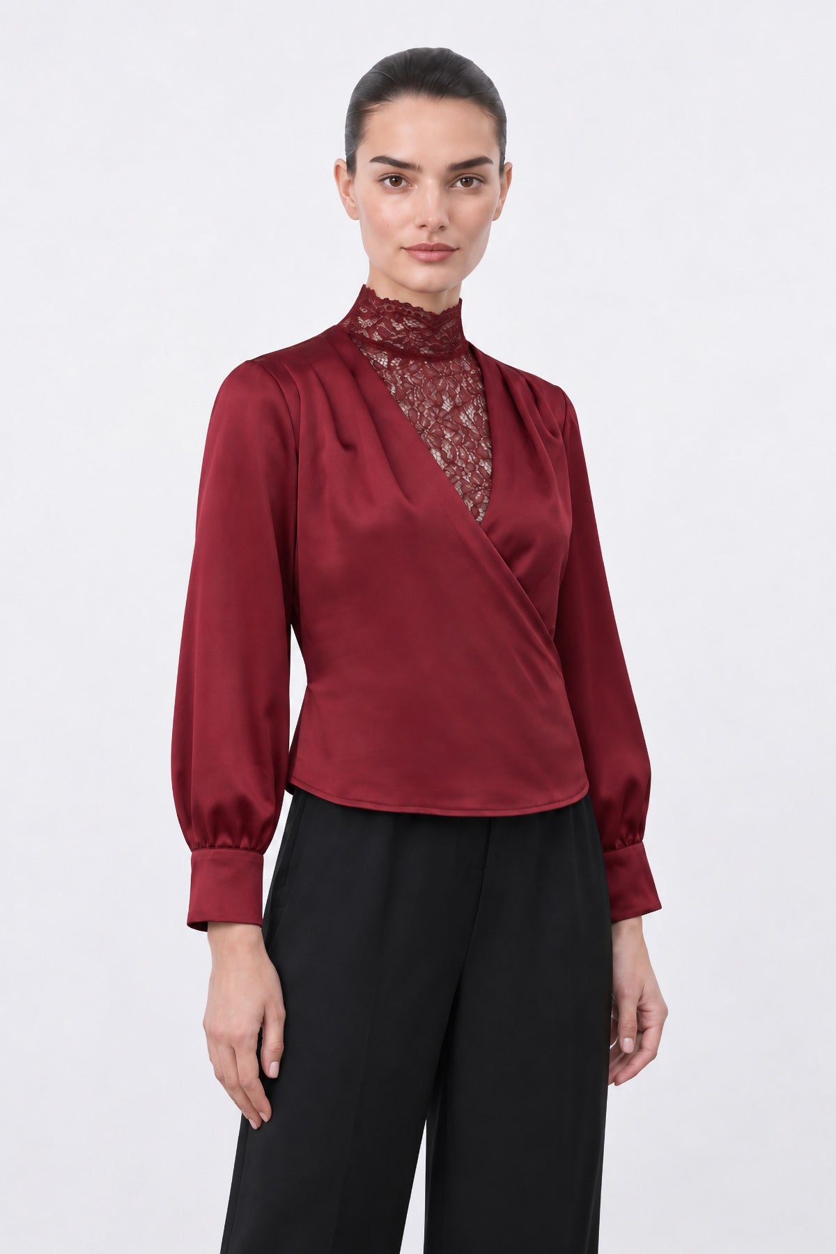 Bordo Dantel Detaylı Kruvaze Saten Bluz