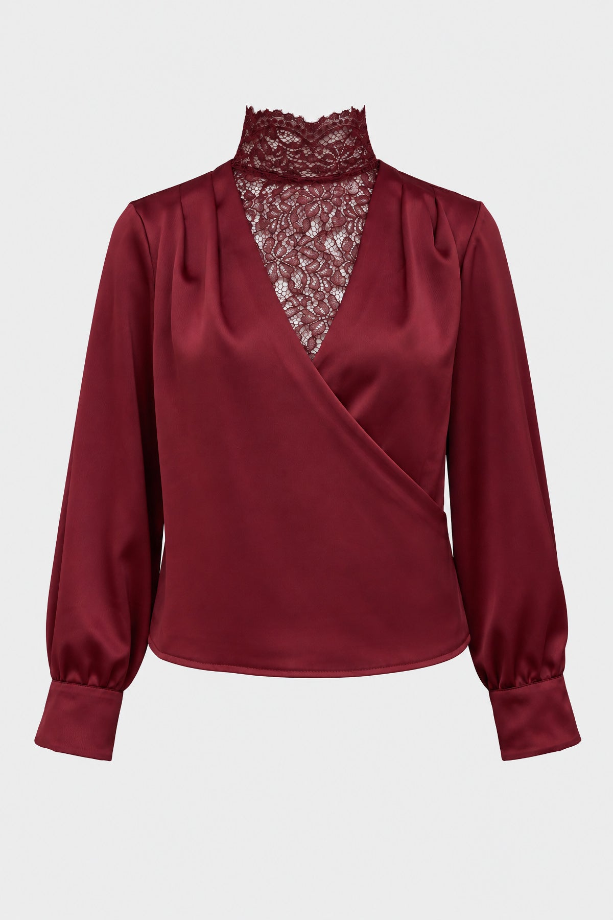 Bordo Dantel Detaylı Kruvaze Saten Bluz