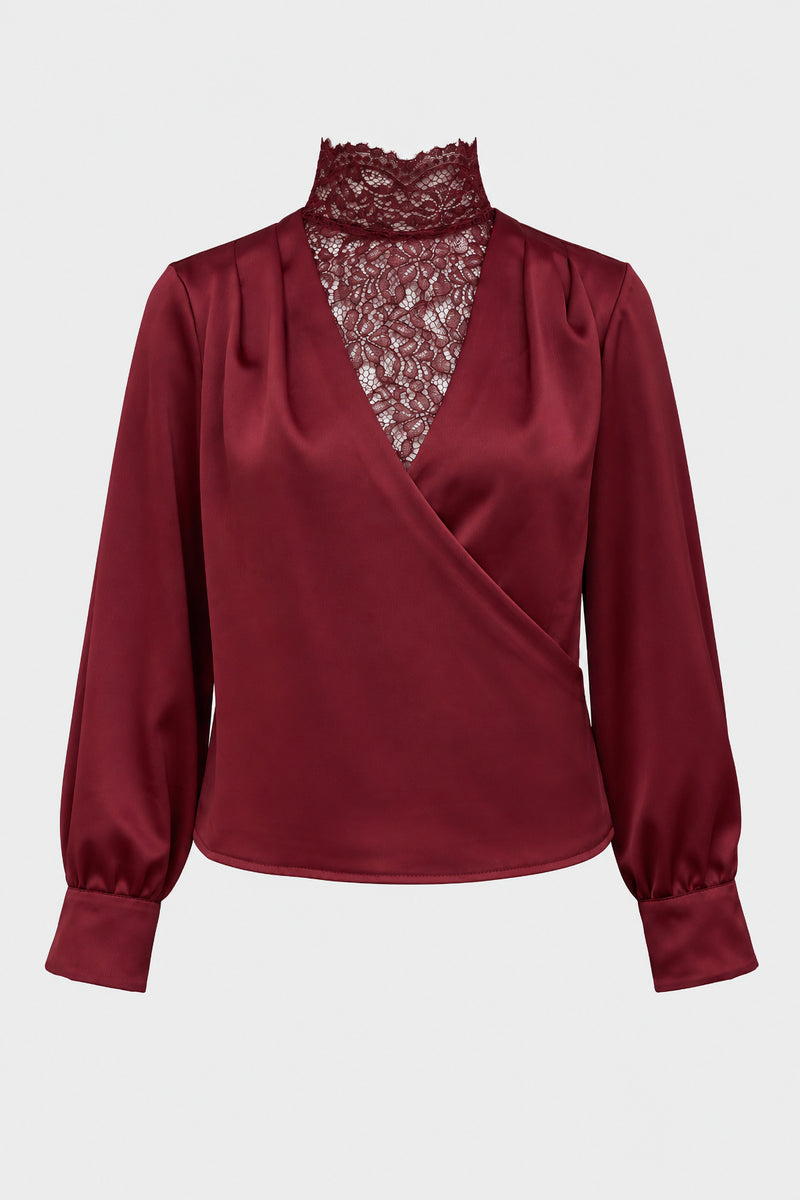 Bordo Dantel Detaylı Kruvaze Saten Bluz
