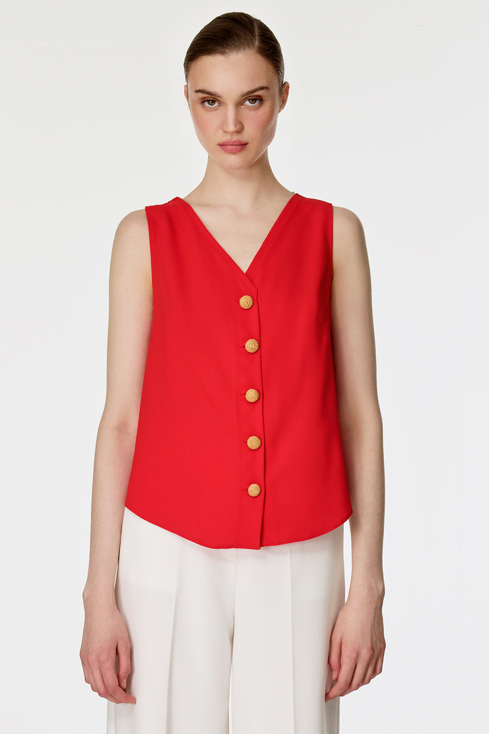 Düğme Detaylı Kolsuz Bluz KIRMIZI
