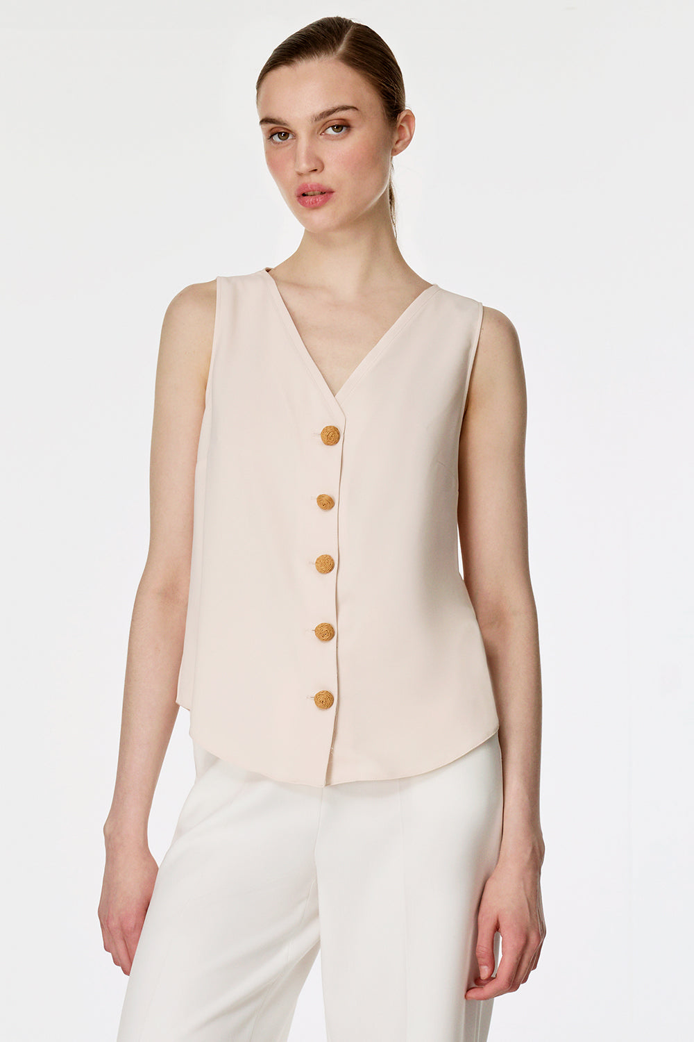 Düğme Detaylı Kolsuz Bluz Krem