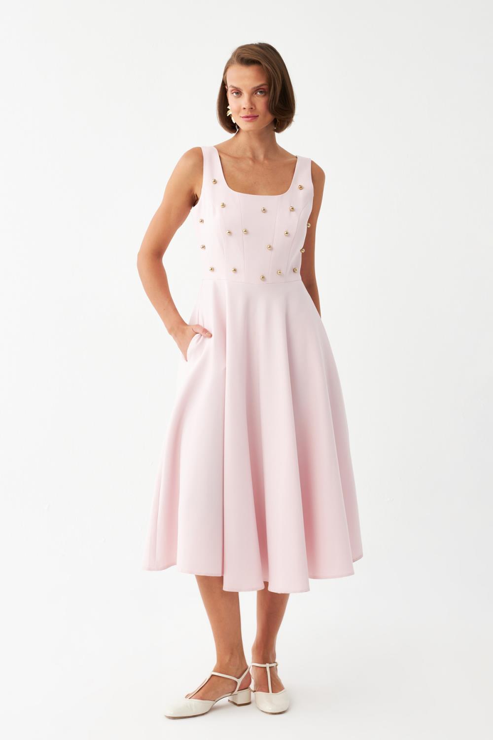 İnci Düğmeli Midi Elbise