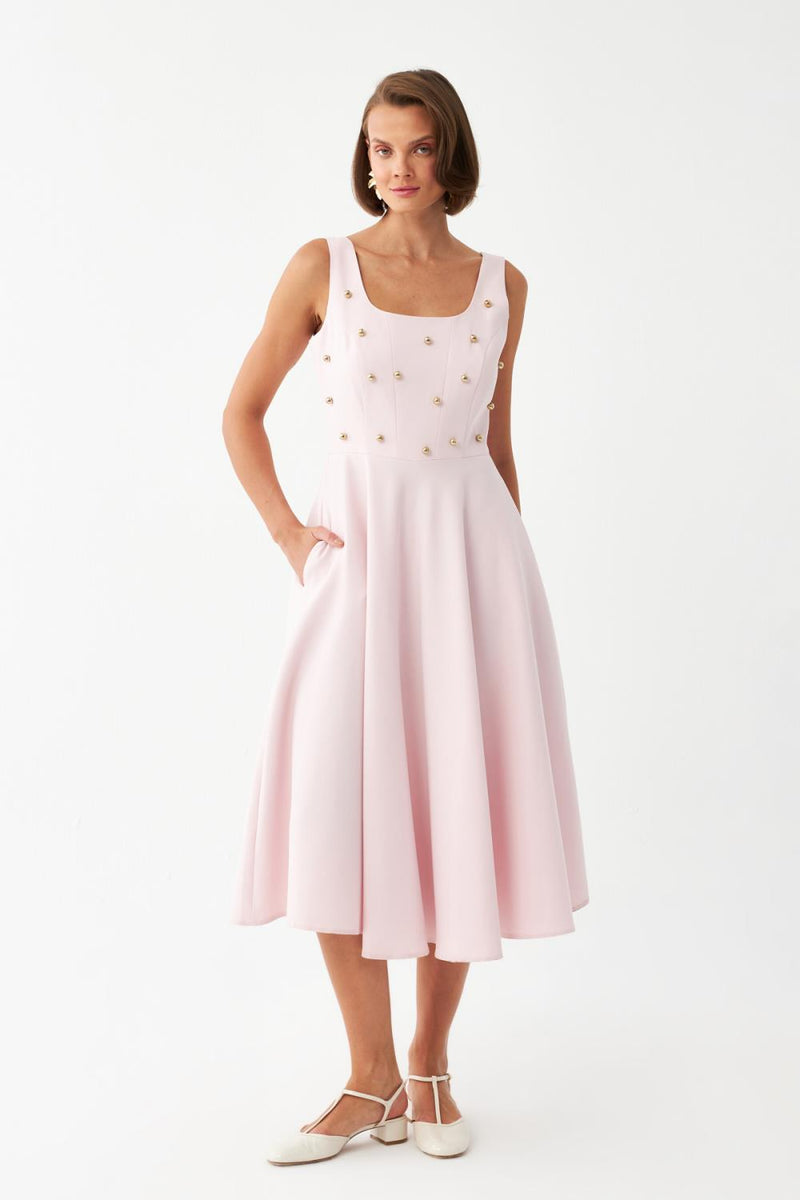 İnci Düğmeli Midi Elbise