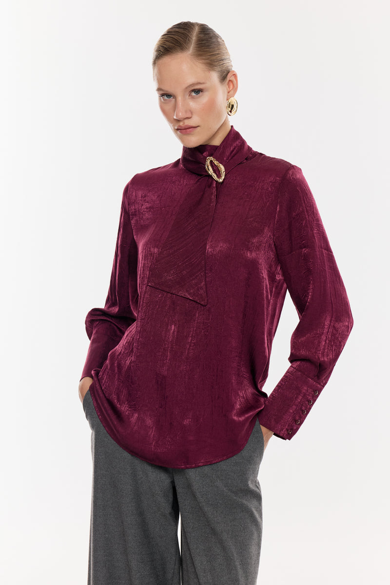 Broş Detaylı Uzun Kollu Bluz BORDO