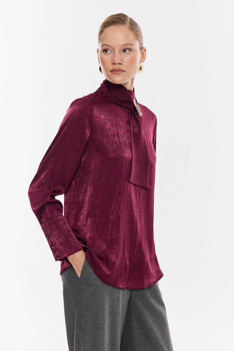Broş Detaylı Uzun Kollu Bluz BORDO