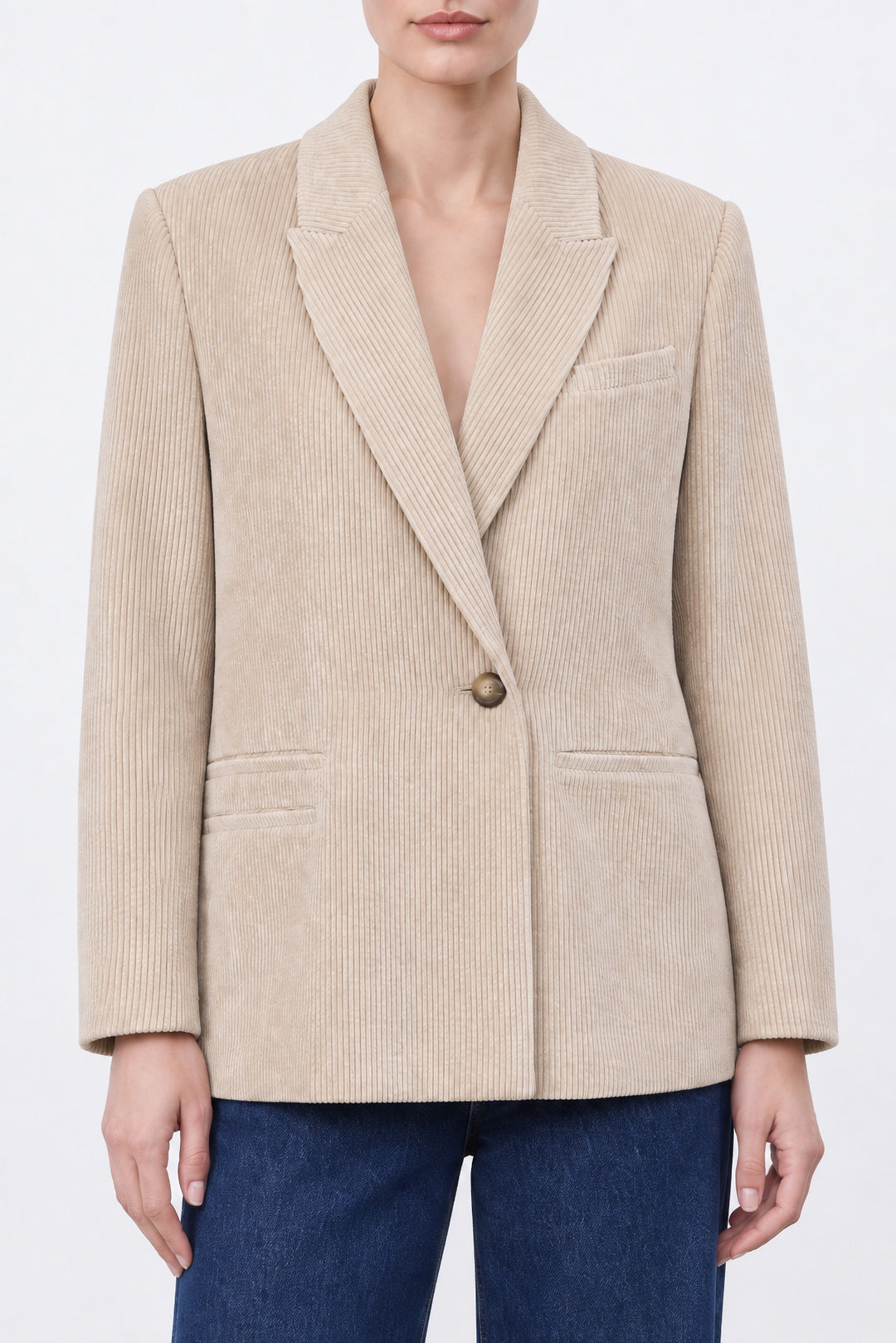 Ekru Fitilli Kadife Blazer Ceket