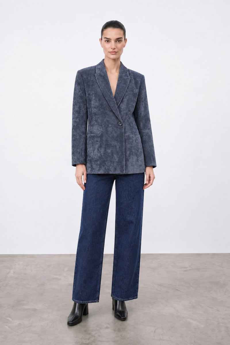 İndigo Fitilli Kadife Blazer Ceket