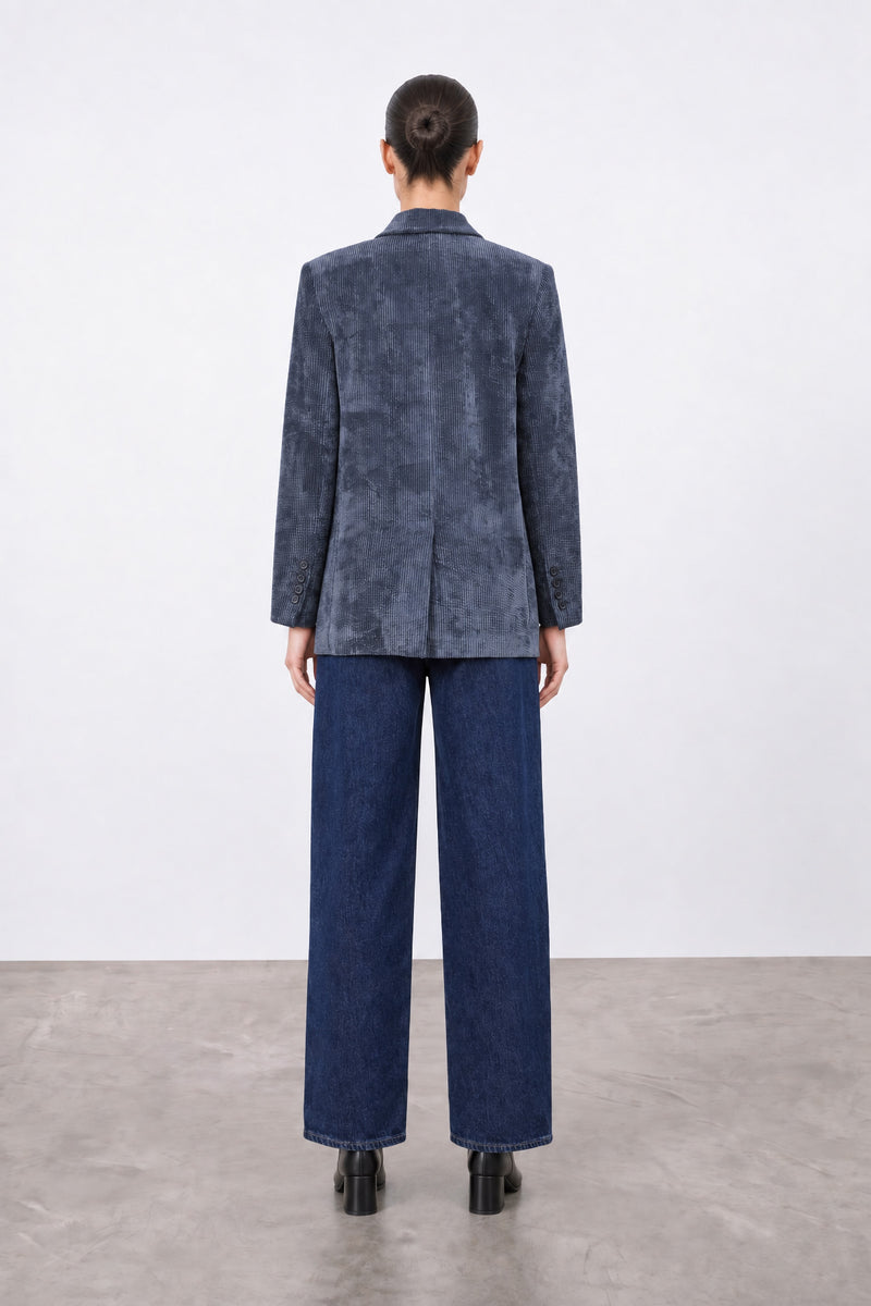 İndigo Fitilli Kadife Blazer Ceket