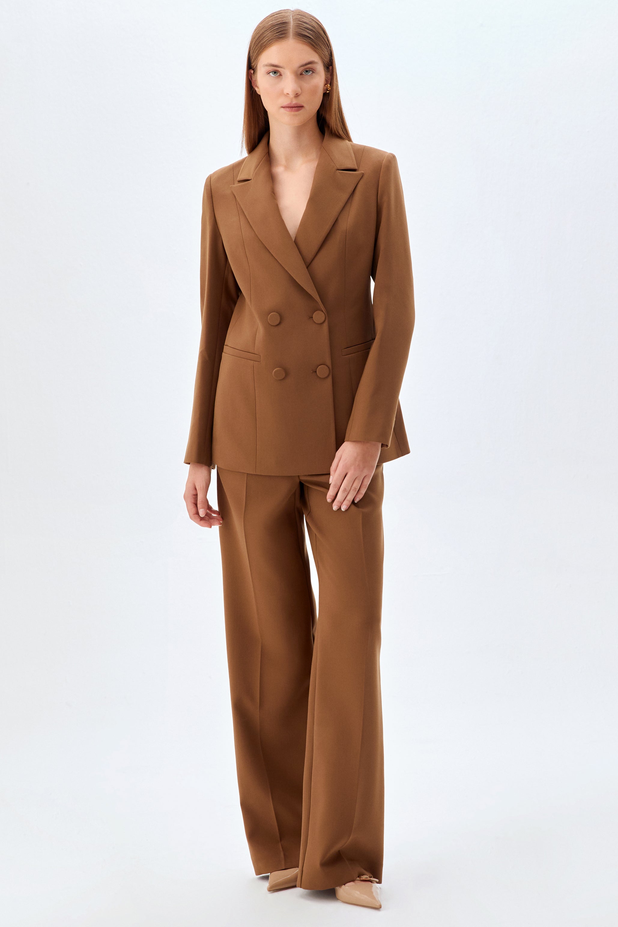 Cepli Kruvaze Ceket Pantolon Takım Camel