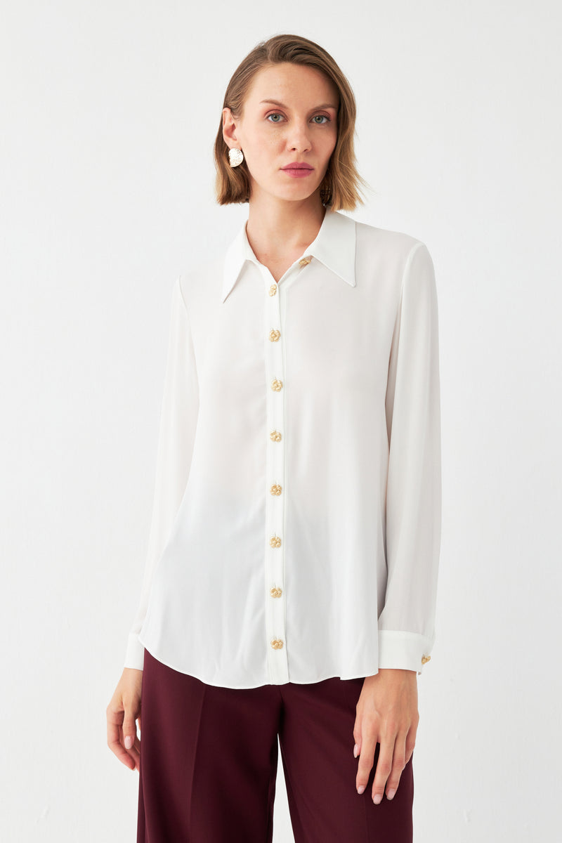 Çiçek Düğmeli Ekru Gömlek