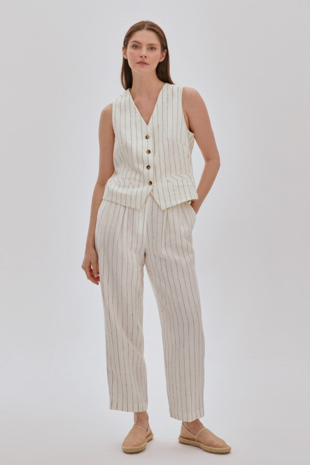 Çizgili Keten Havuç Pantolon EKRU