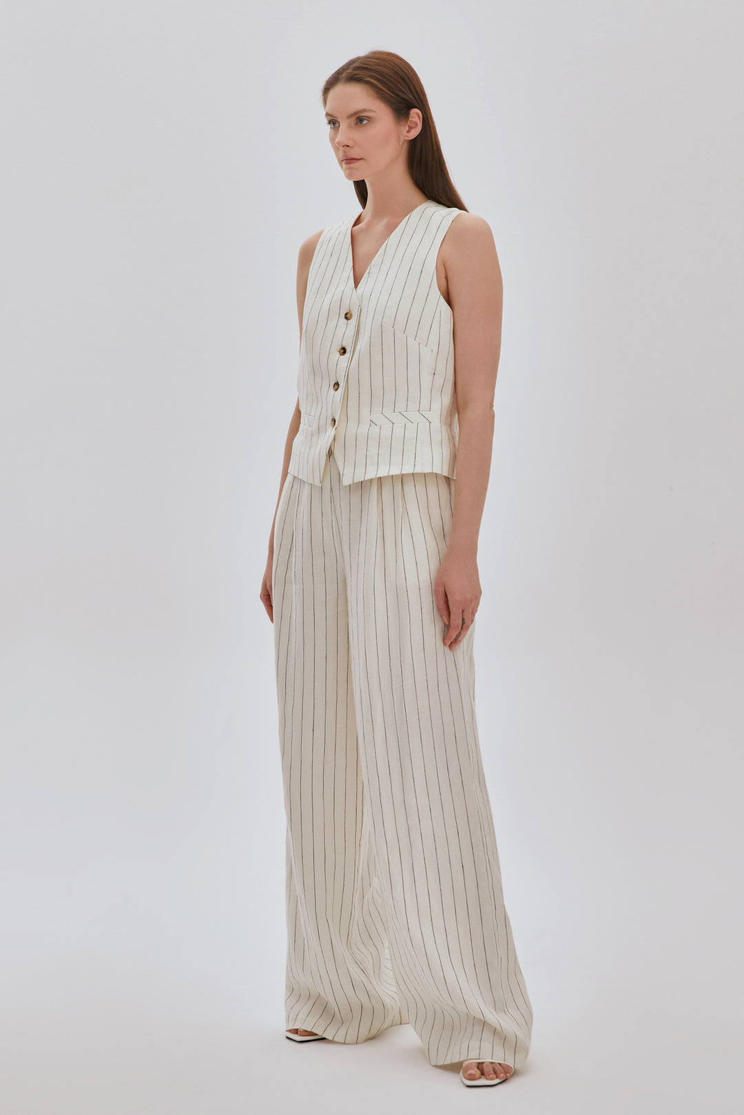 Çizgili Keten Yelek Pantolon Takım EKRU