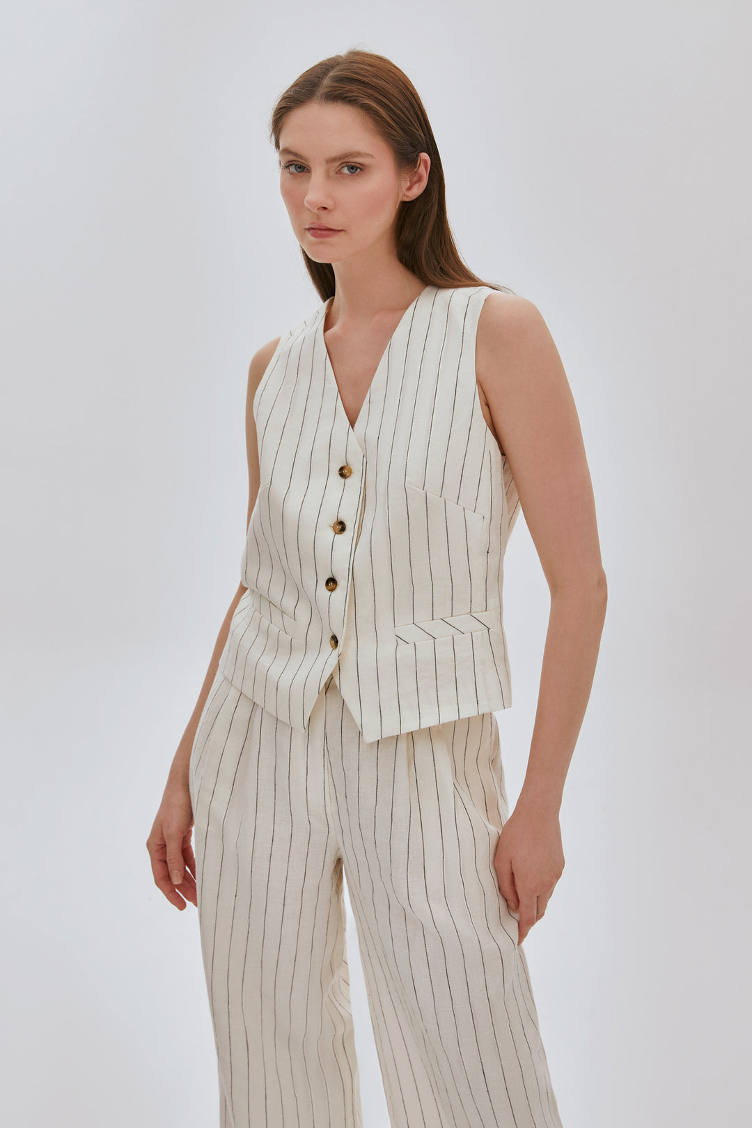 Çizgili Keten Yelek Pantolon Takım EKRU
