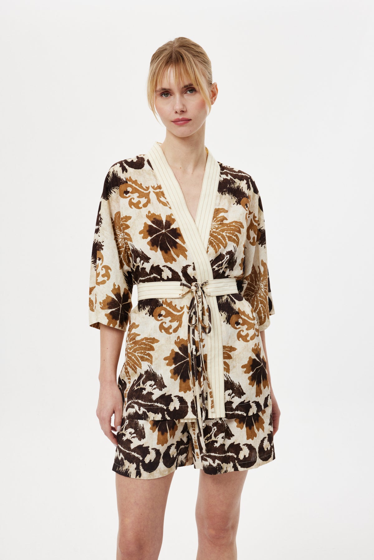 Desenli Kimono Takım BEJ