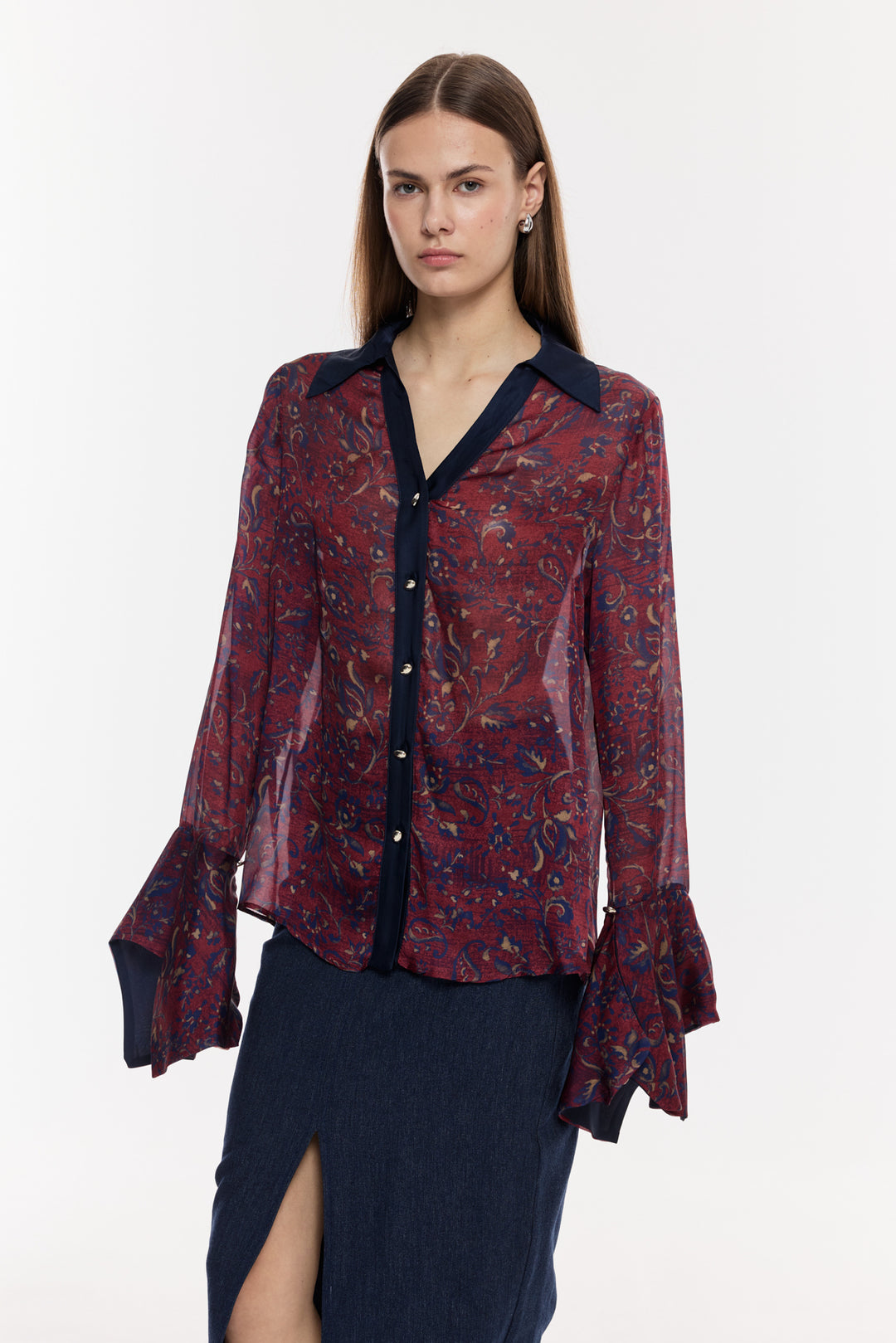 Desenli Şifon Geniş Manşetli Bluz