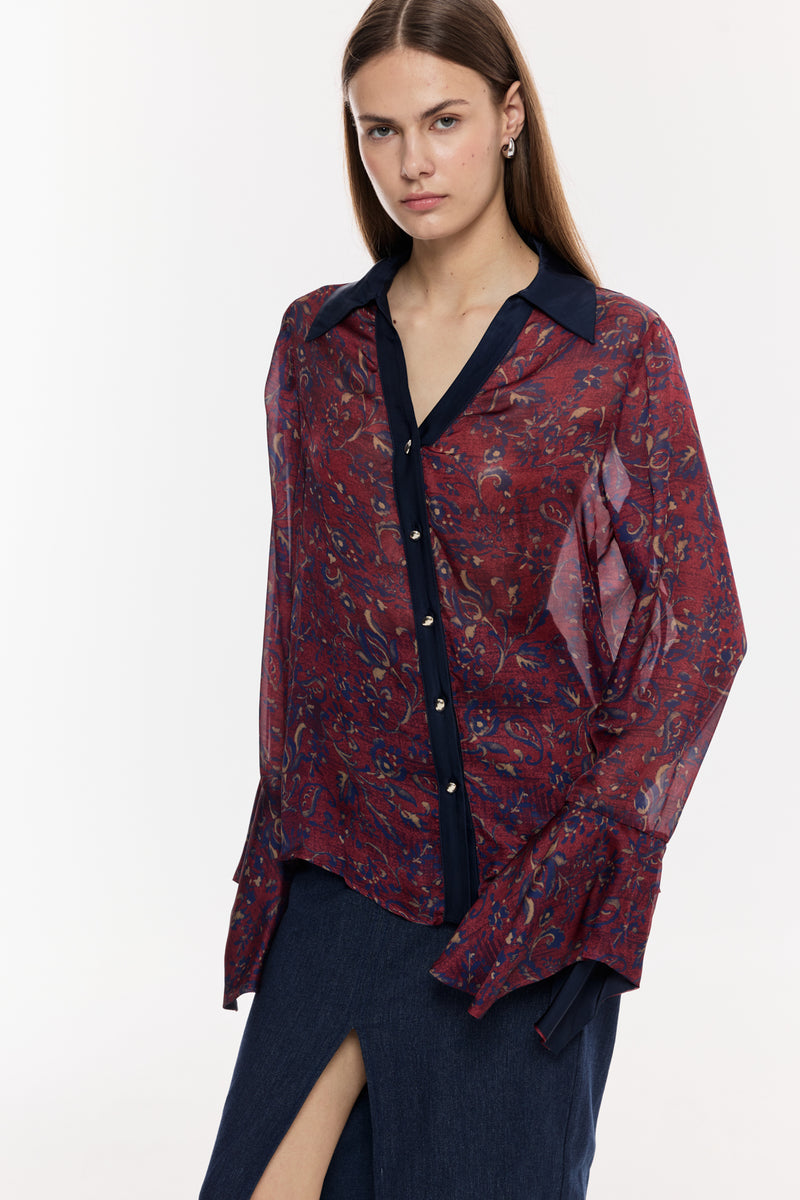 Desenli Şifon Geniş Manşetli Bluz