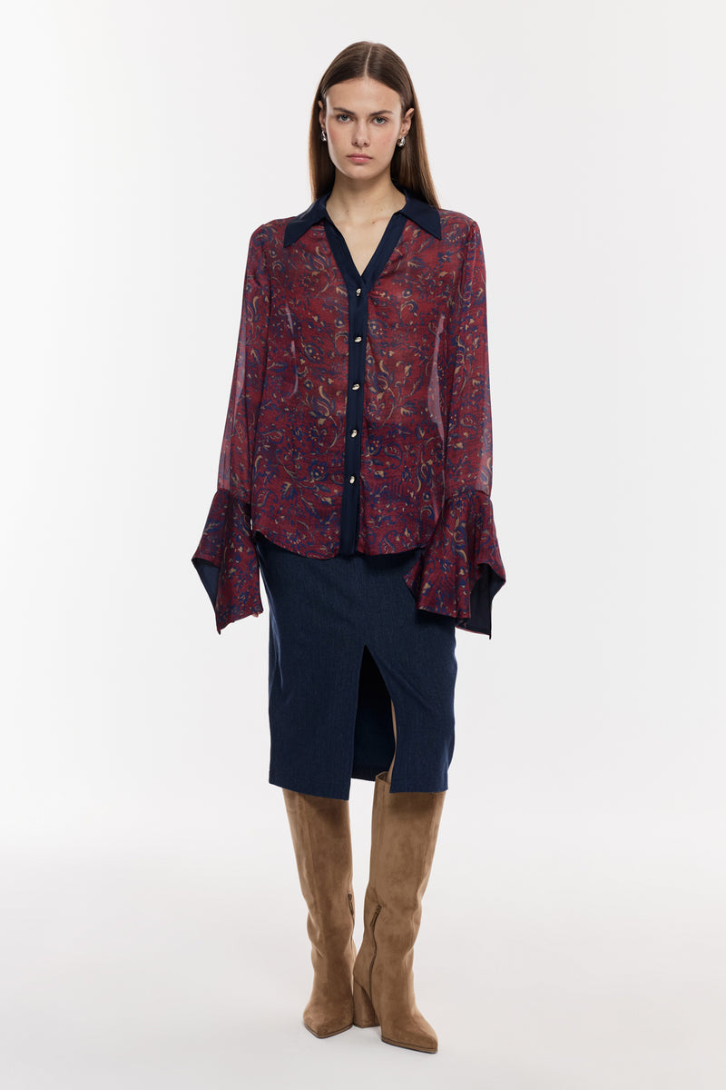 Desenli Şifon Geniş Manşetli Bluz