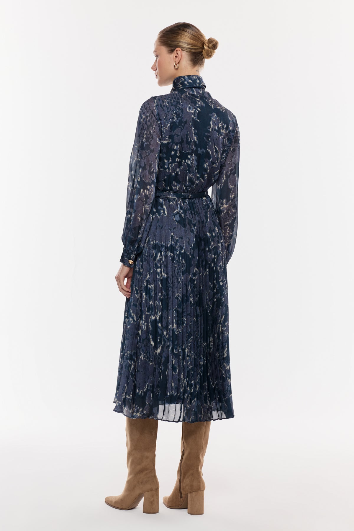 Desenli Şifon Piliseli Midi Elbise