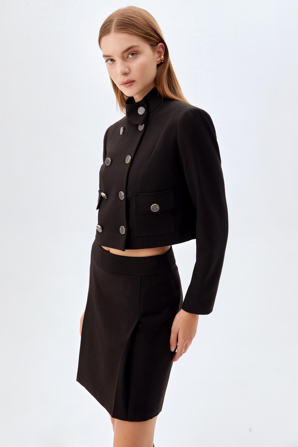Yüksek Yaka Blazer & A Form Etek Takımı SİYAH