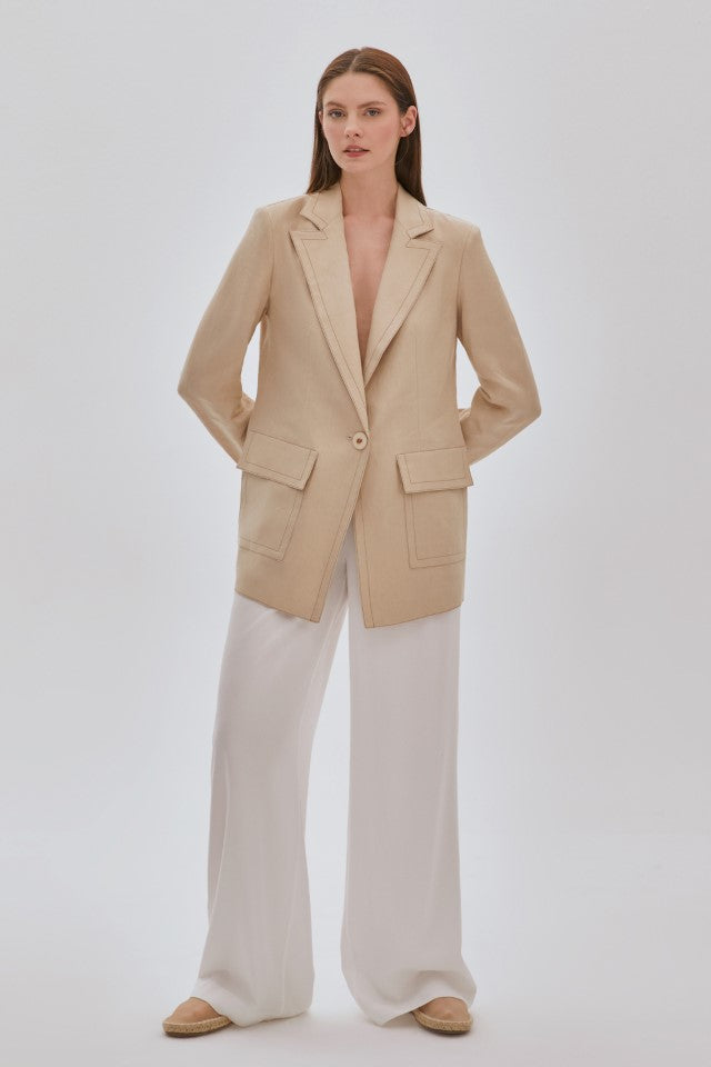 Dikiş Detaylı Cepli Keten Ceket BEJ
