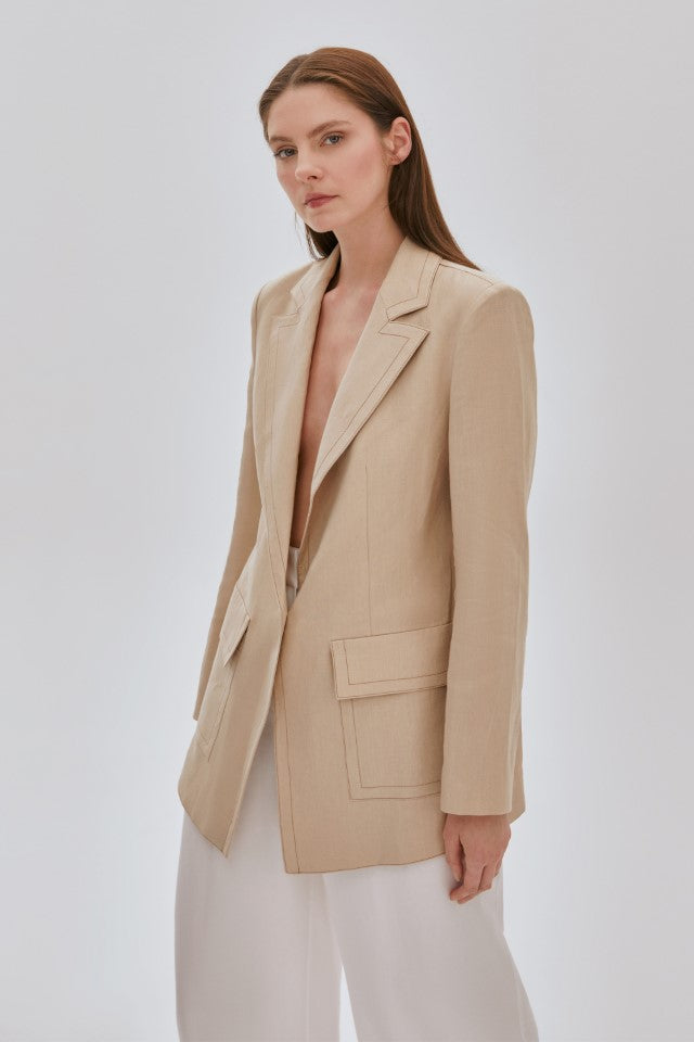Dikiş Detaylı Cepli Keten Ceket BEJ