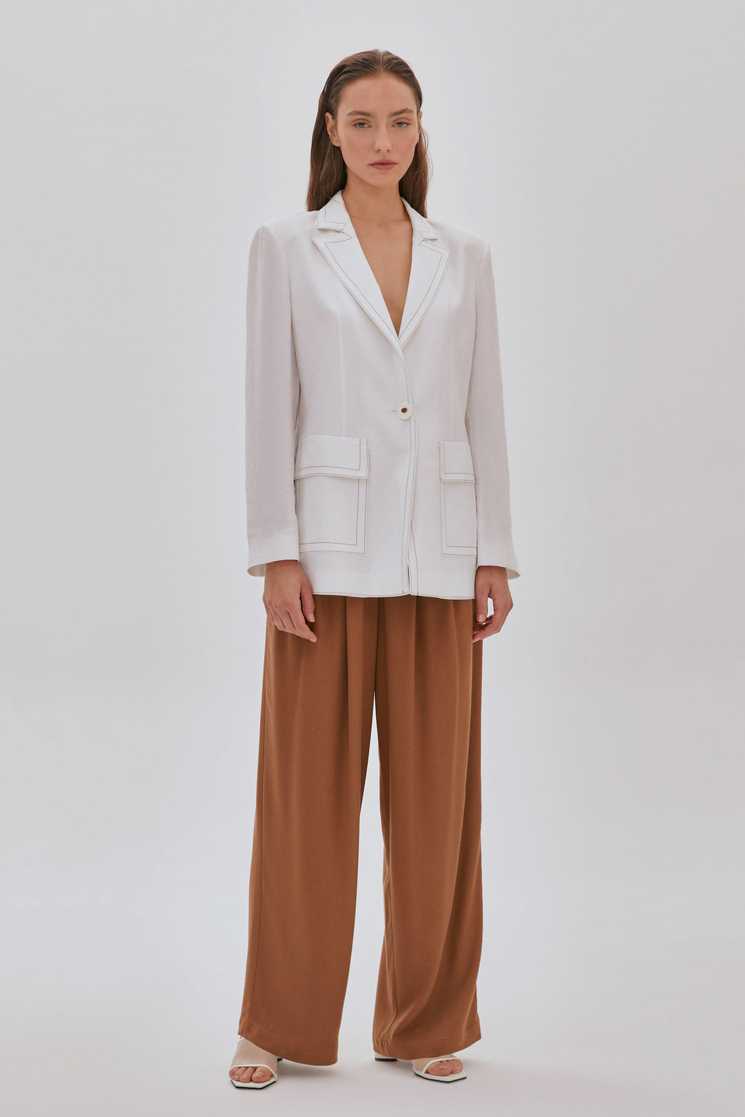 Dikiş Detaylı Cepli Keten Ceket BEYAZ