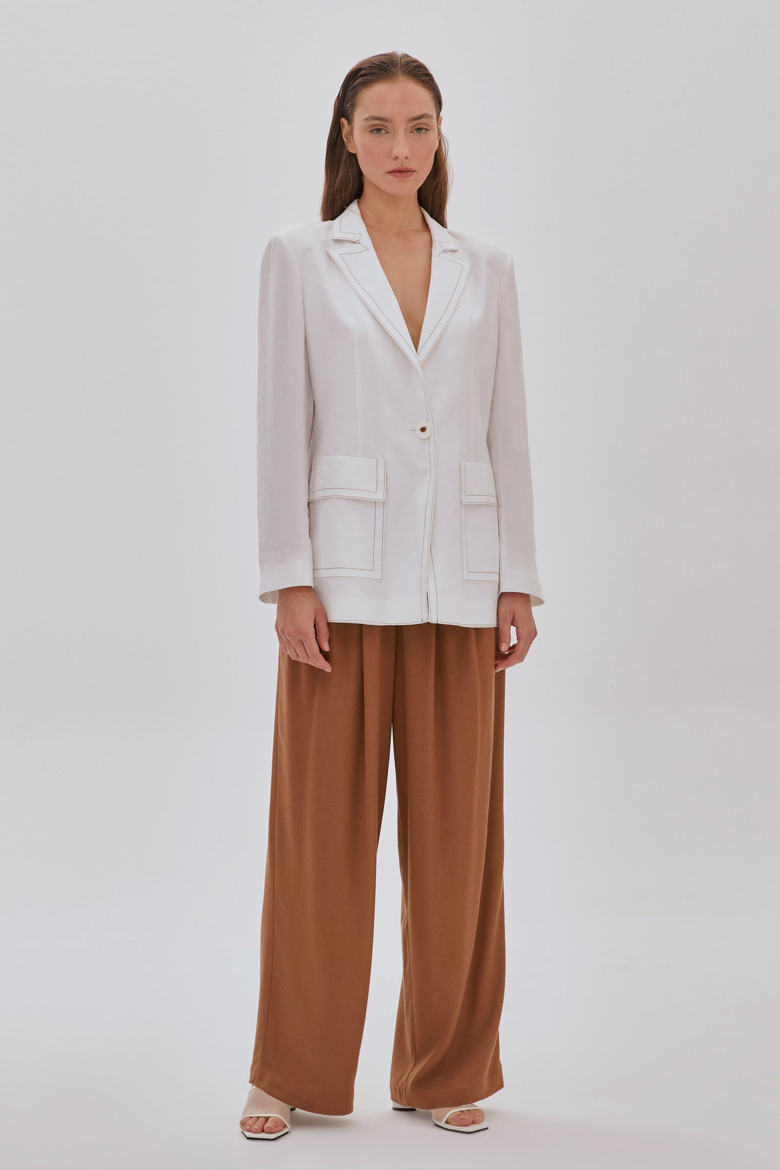 Dikiş Detaylı Cepli Keten Ceket BEYAZ