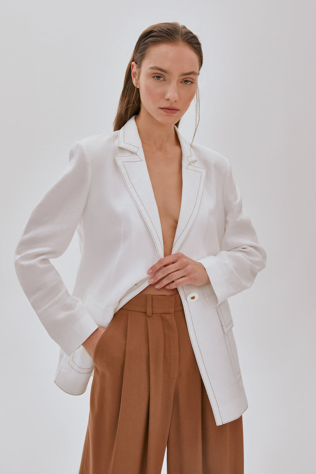 Dikiş Detaylı Cepli Keten Ceket BEYAZ