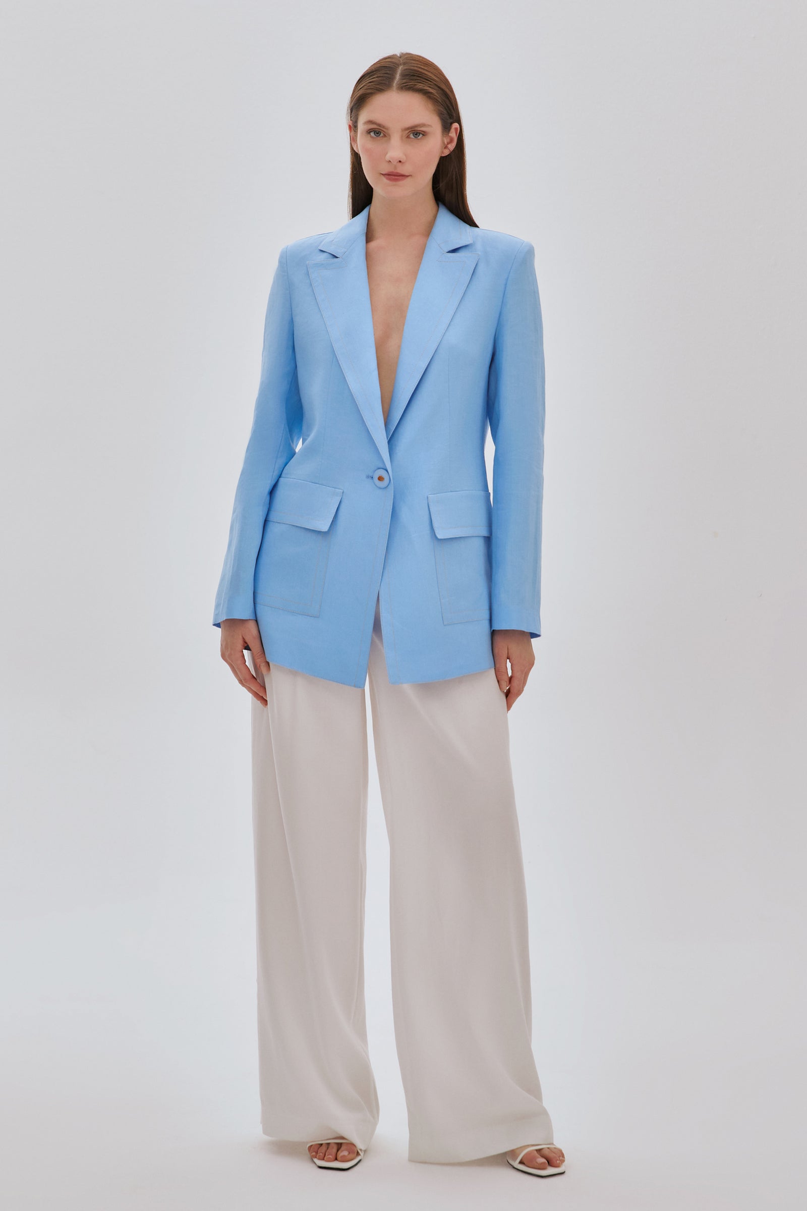 Dikiş Detaylı Cepli Keten Ceket MAVİ