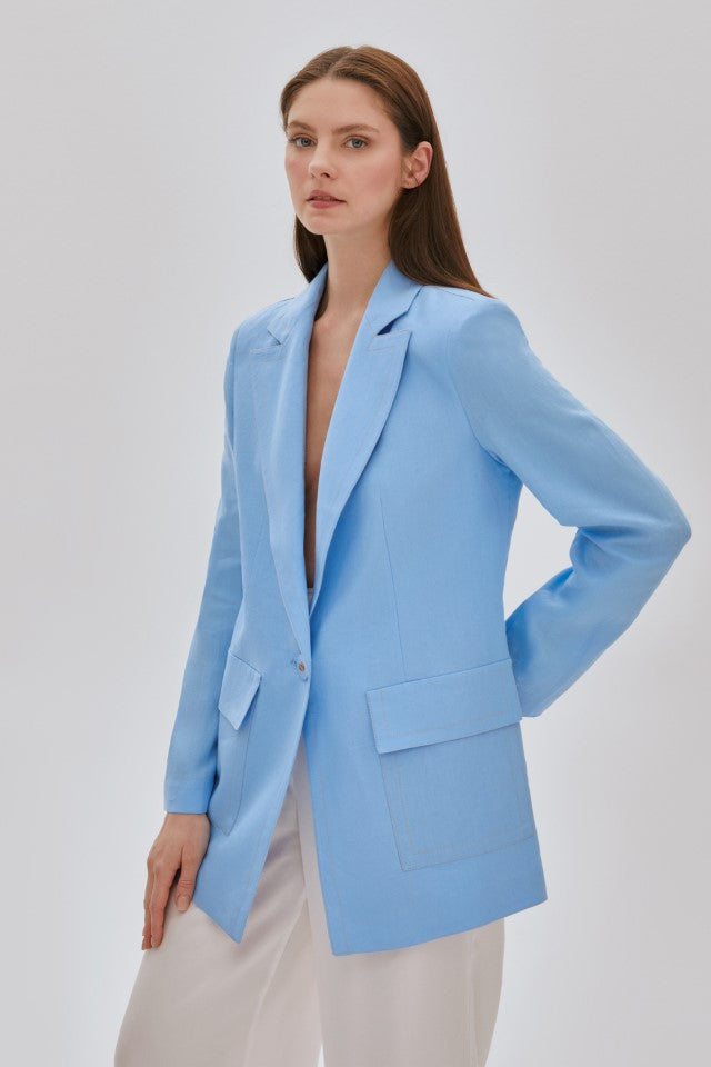 Dikiş Detaylı Cepli Keten Ceket MAVİ