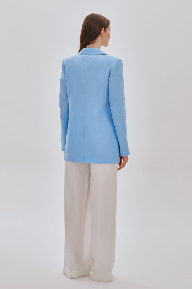 Dikiş Detaylı Cepli Keten Ceket MAVİ