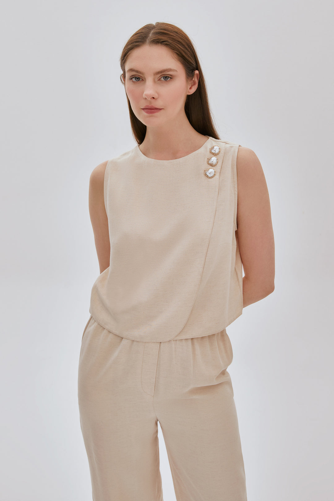 Düğme Detaylı Takım BEJ