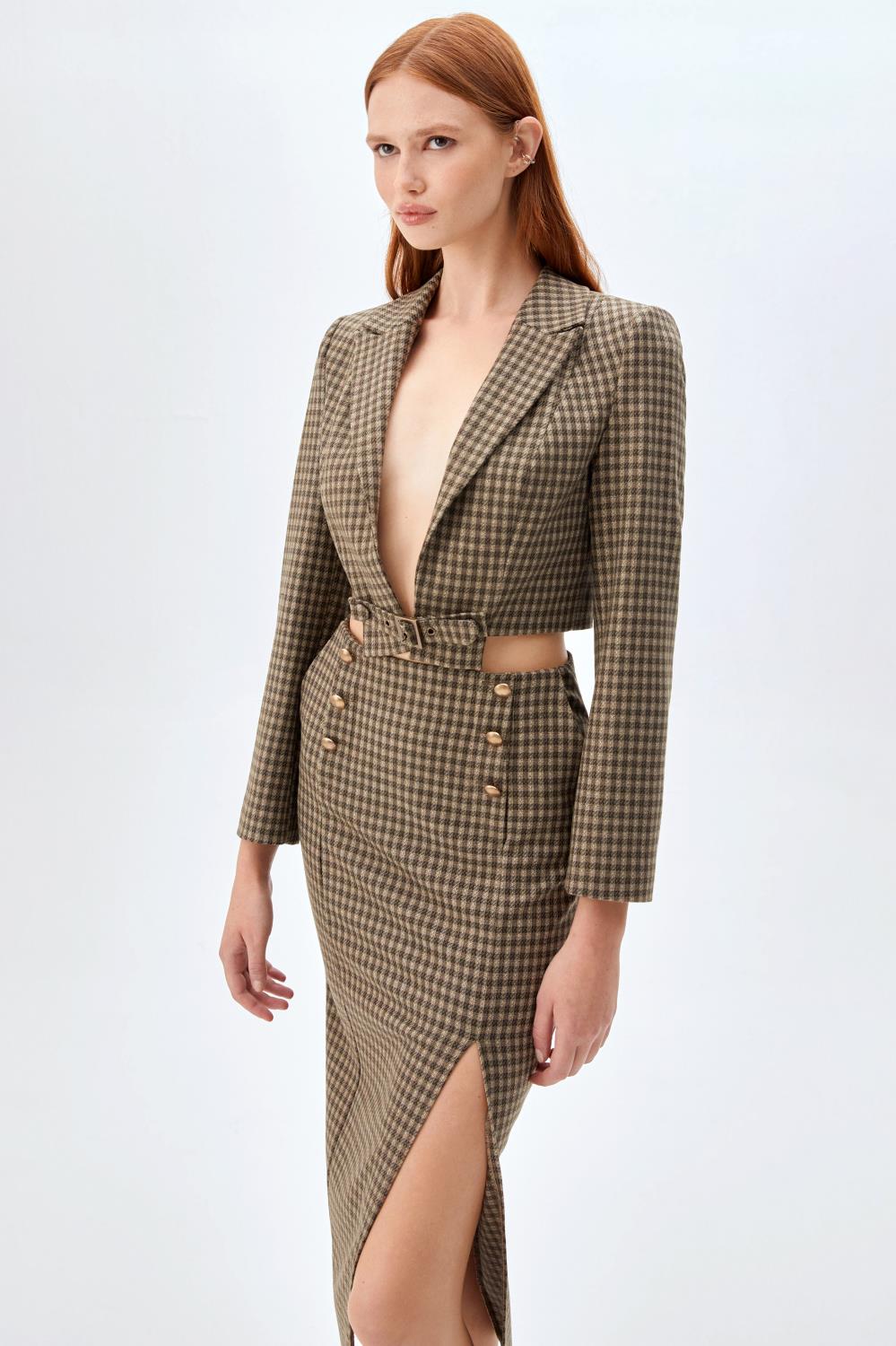 Ekose Desenli Crop Ceket, Kalem Etek Takım HAKİ